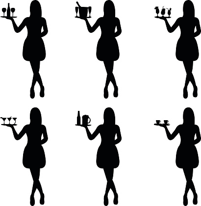 Beautiful sexy waitress standing and holding a round tray with different drinks silhouette