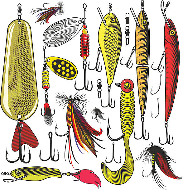 ilustraciones, imágenes clip art, dibujos animados e iconos de stock de pesca atrae artificial - anzuelo de pesca ilustraciones