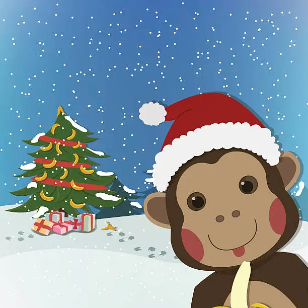 Vector illustration of funny monkey, new year and  christmas greeting card,