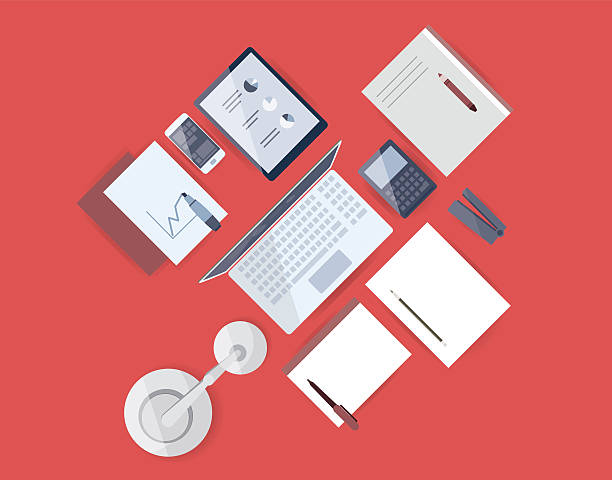 flache office-tools und produkte - red background grafiken stock-grafiken, -clipart, -cartoons und -symbole