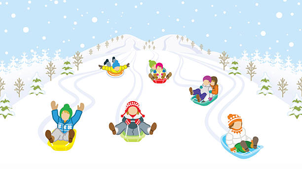 ilustrações, clipart, desenhos animados e ícones de trenó crianças em montanhas cobertas de neve - sleding