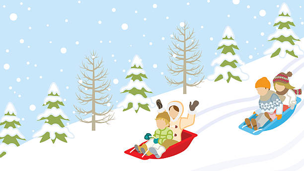 ilustraciones, imágenes clip art, dibujos animados e iconos de stock de trineo con los niños en invierno pendiente - tobogganing vector winter snow