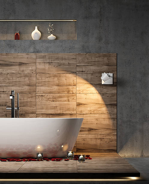 bagno moderno interior - candlelight concrete bathtub candle foto e immagini stock