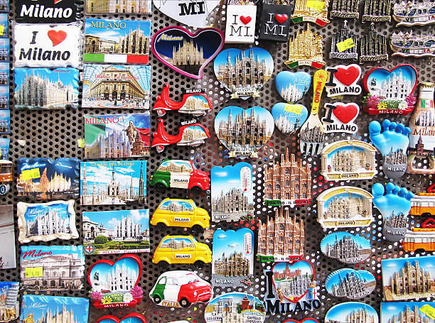 Milan, Italy - September 26 2012: Magnets for tourists on sale outdoor in main square of Milan