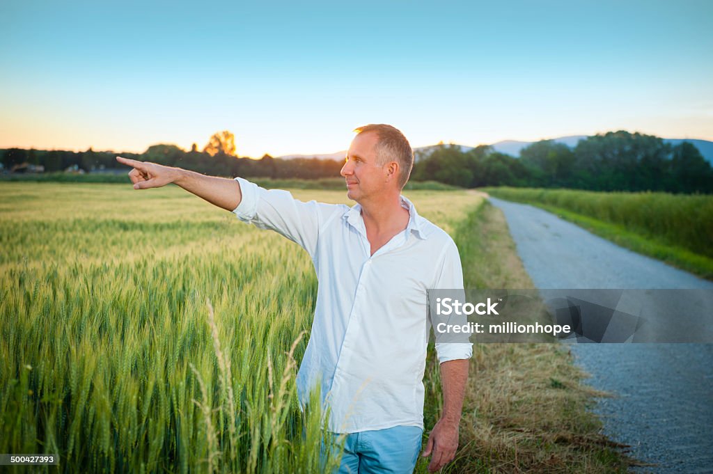 Man in the field Man, farmer standing in the field and pointing left. Farmer Stock Photo