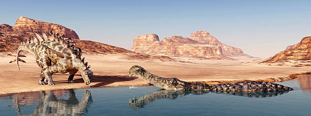 Computer generated 3D illustration with the dinosaur Huayangosaurus and the prehistoric crocodile Sarcosuchus