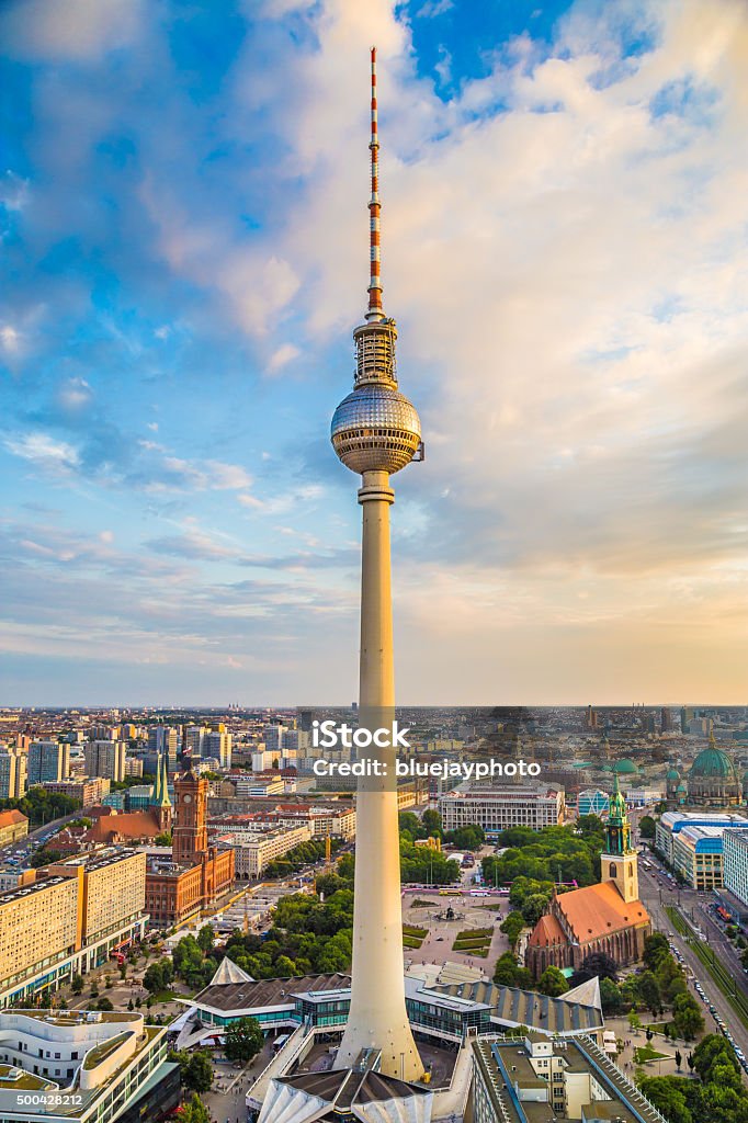 Berlin skyline with TV tower at sunset, Germany Aerial view of Berlin skyline panorama with famous TV tower at Alexanderplatz and dramatic clouds at sunset, Germany. Aerial View Stock Photo