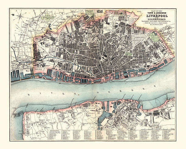 Antquie Map of Liverpool, 1880 Vintage Antquie Map of Liverpool with Birkenhead, England in 1880. engraved image photos stock illustrations