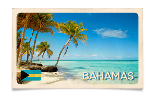 Bahamas Islands, Caribbean: old travel vintage postcard with 60' and 70' design style. Isolated on white background with clipping path (path excludes shadow).