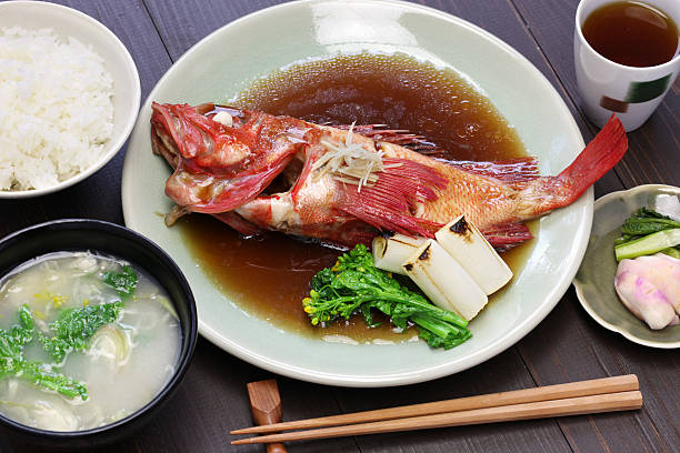 simmered fish set meal, japanese cuisine simmered kinki rockfish with rice and miso soup, japanese cuisine ocean perch stock pictures, royalty-free photos & images