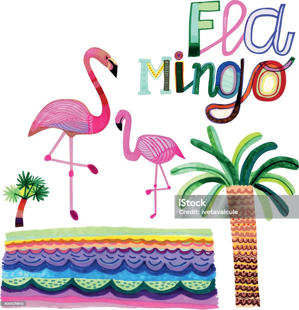 Hand drawn flamingos and palm trees isolated on white Hand drawn flamingos and palm trees isolated on white. All elements can be used separately  Felt Tip Pen stock vector