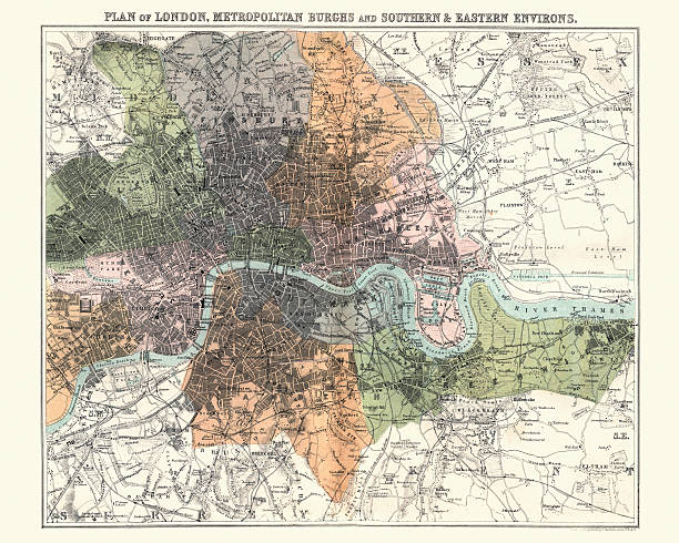 antquie mapa londynu, 1880 roku - greater london stock illustrations