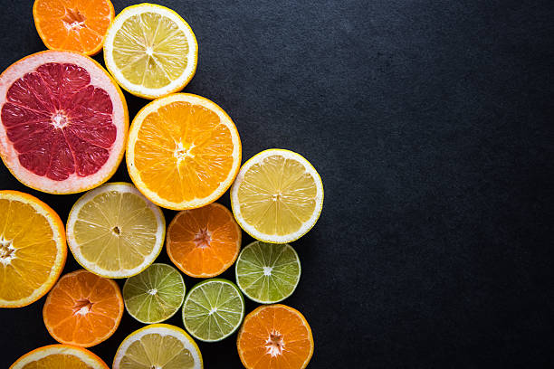 istock Fresh citrus fruits, border background 500430866