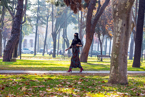 An attractive Young woman wearing a colorful head covering and Muslim Dress Walking in University Park