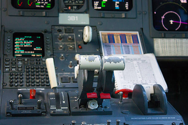 Cockpit passenger plane. The steering wheel control of the aircraft stock photo