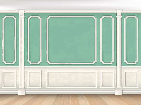 Green wall interior in classical style with pilasters and moldings. Architectural background.