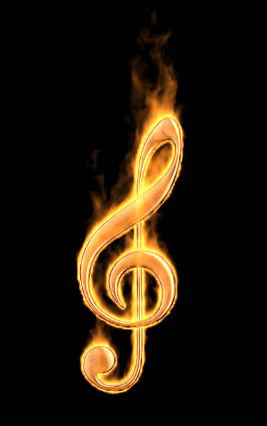 música nota gravar no fogo. 3 d ícone isolado em preto - treble clef music fire musical symbol imagens e fotografias de stock