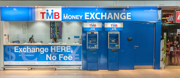 BANGKOK,Thailand - June 21, 2014: BANGKOK - JUNE 21 :TMB  money exchange desk at Suvanaphumi Airport, Bangkok on JUNE 21, 2014,