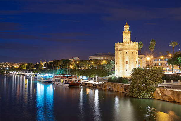 torre de oro (tower gold) w sewilli w nocy, - seville torre del oro sevilla spain zdjęcia i obrazy z banku zdjęć