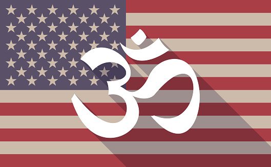 Illustration of a long shadow USA flag icon with om sign