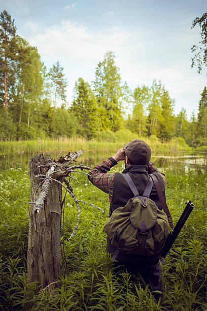 istock Hunter On Guard Watching Through Binoculars in a Swamp 500453798