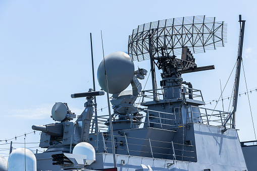 The main control and communication tower on the battleship