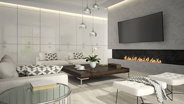 istock Interior of living room with stylish fireplace 3D rendering 2 500454438