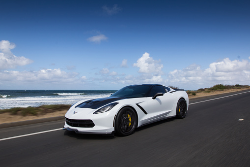 San Diego,CA,USA - October 28th 2014: Chevrolet Corvette driving along the California coast.