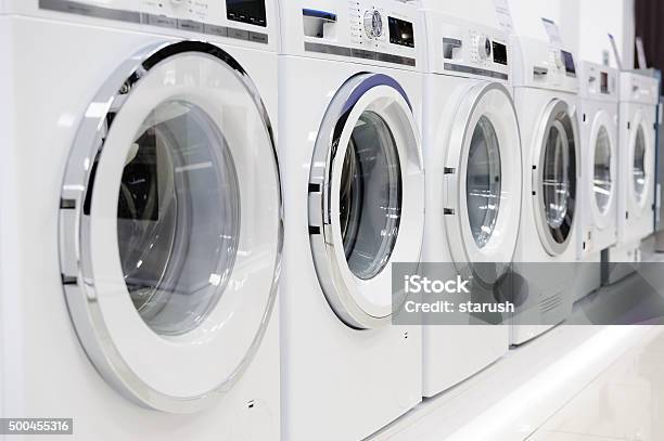 Washing Mashines In Appliance Store Stock Photo - Download Image Now - Washing Machine, Industry, Store