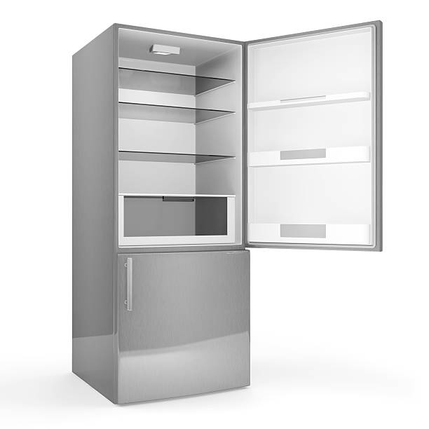 istock Modern metallic refrigerator with opened door isolated on white background 500455951