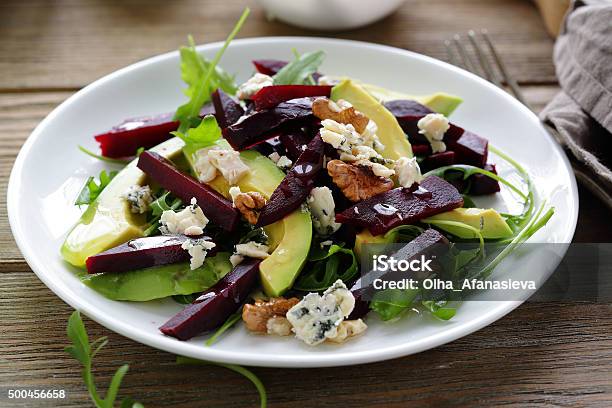 Baked Beetroot Salad With Blue Cheese And Avocado Stock Photo - Download Image Now - Roquefort Cheese, Salad, 2015