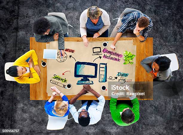 Group Of People Around Computer Network Diagram Stock Photo - Download Image Now - Active Seniors, Adult, African Ethnicity