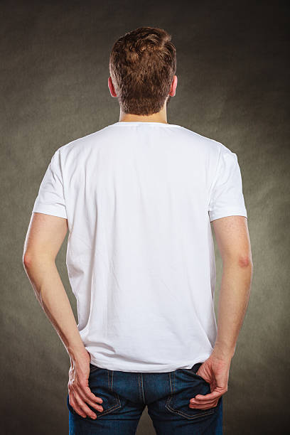 Back view man guy in blank shirt with copy space.