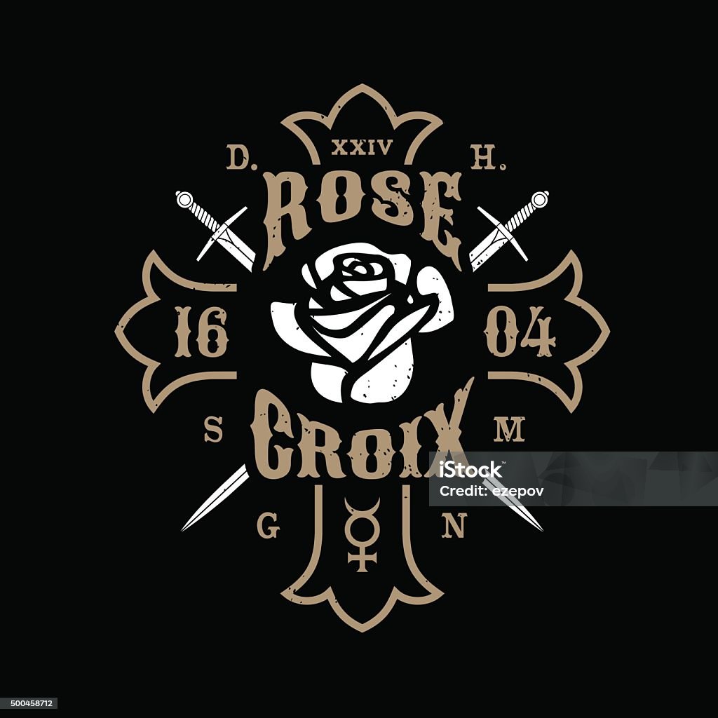 vintage label monochrome antique hipster vintage label , badge, crest "rose croix" for flayer poster logo or t-shirt apparel clothing print with lettering rose  sword cross Protestantism stock vector