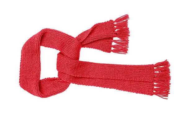 Red knitted scarf isolated on white background.