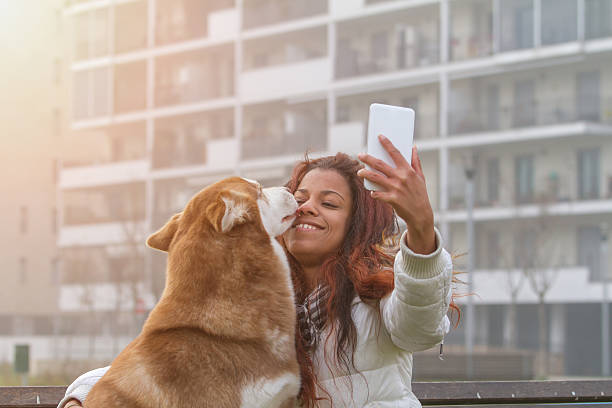 Young black woman and her dog (Siberian Husky) doing selfie