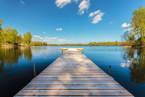 Wooden jetty on a sunny day in Sweden Deserted wooden jetty on a sunny day in the province of Smaland in Sweden swedish summer stock pictures, royalty-free photos & images