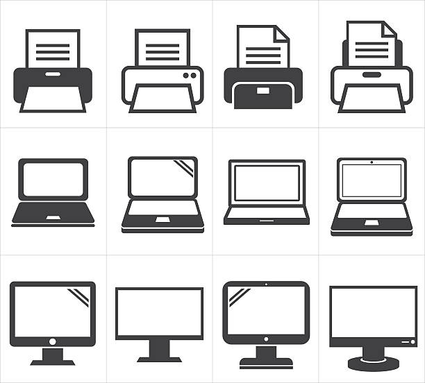 symbol'office-ausstattung: fax, laptop-computer, drucker - drucker stock-grafiken, -clipart, -cartoons und -symbole