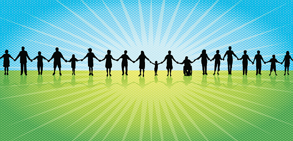 Teamwork, Community, Holding Hands Background. Tight graphic silhouette background of a line of people holding hands. Check out my “Holding Hands” light box for more.