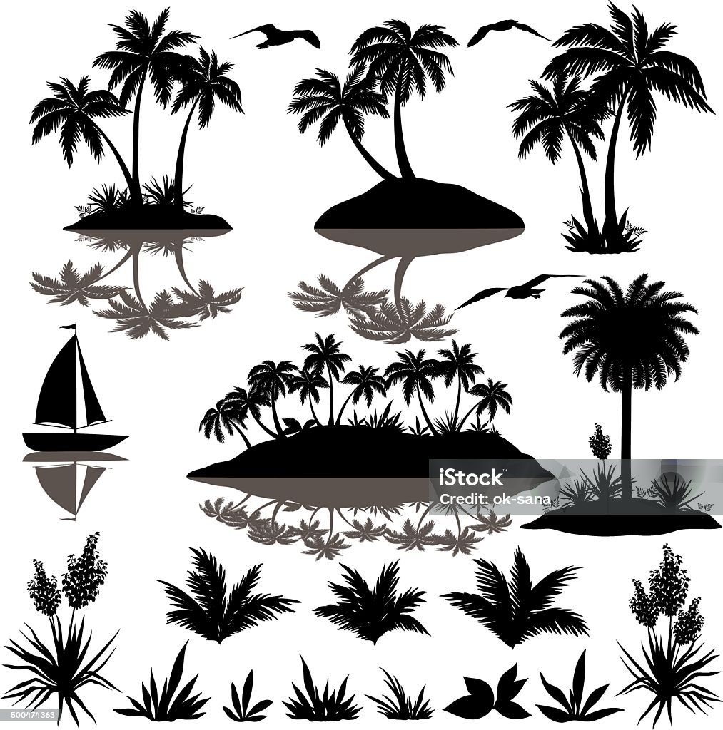 Tropical set with palms silhouettes Tropical set, sea island with palm trees, plants, flowers, birds gulls and ship, black silhouettes isolated on white background. Vector Island stock vector
