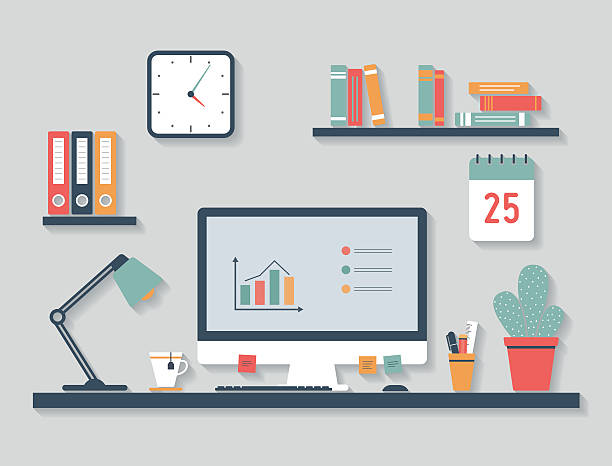 Modern desktop, flat design Modern office interior with desktop icons, flat design office desk stock illustrations