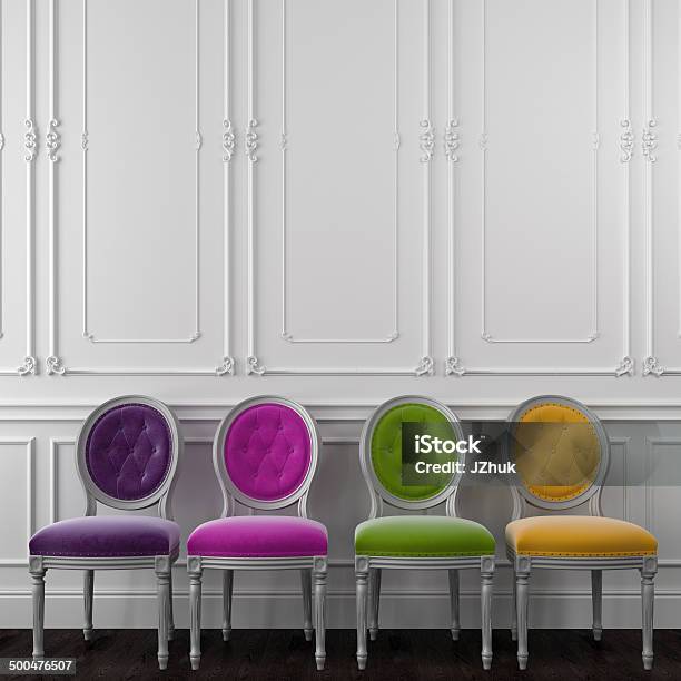 Fancy Colorful Chairs Against A White Wall Stock Photo - Download Image Now - Arts Culture and Entertainment, Chair, Decoration