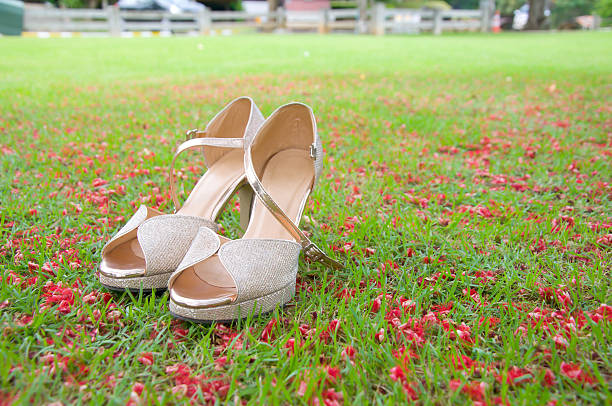 istock Beautiful shoe,red Tiny flowers in the lawn 500477495
