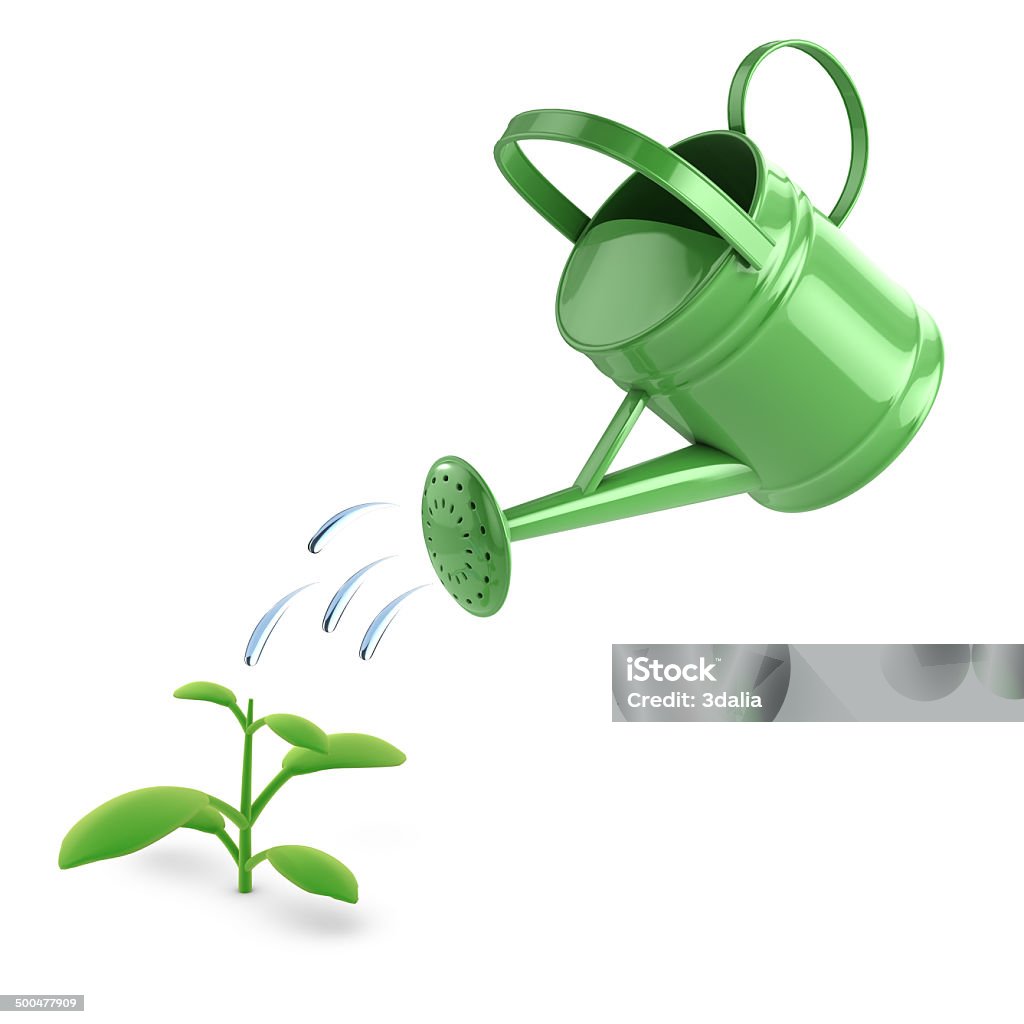 3d Green watering can and seedling 3d render of a seedling being water by a watering can Watering Can Stock Photo