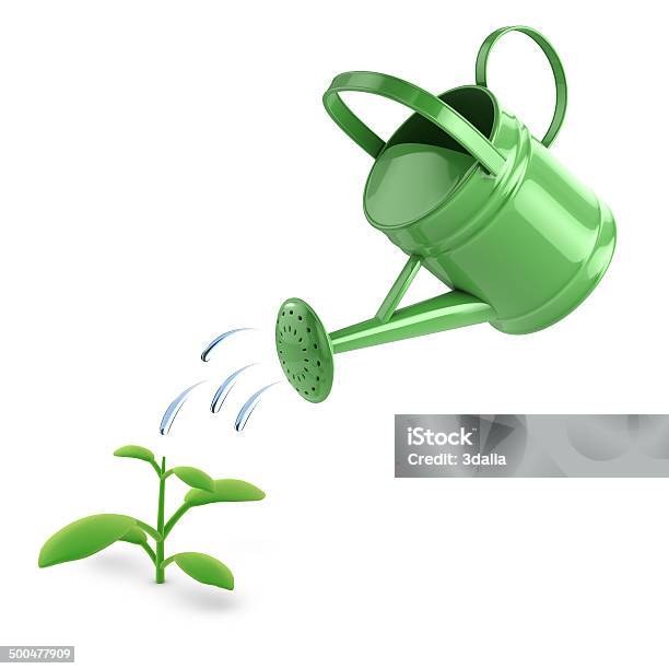 3d Green Watering Can And Seedling Stock Photo - Download Image Now - Watering Can, Pouring, Water
