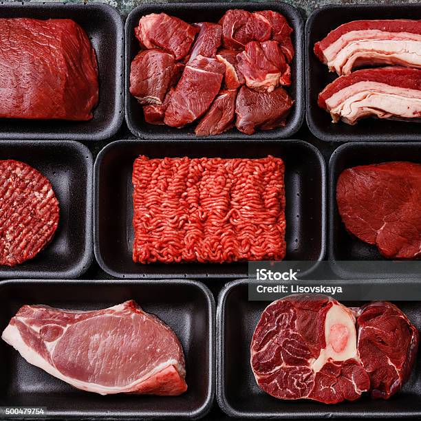 Different Meat In Plastic Boxes Stock Photo - Download Image Now - Meat, Beef, Supermarket