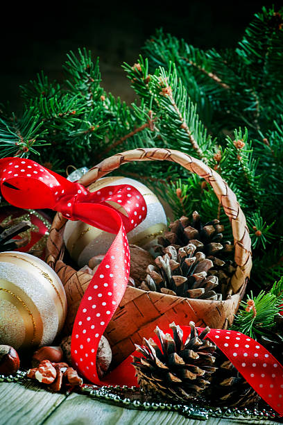 istock Wicker basket with Christmas balls and pine cones 500480478
