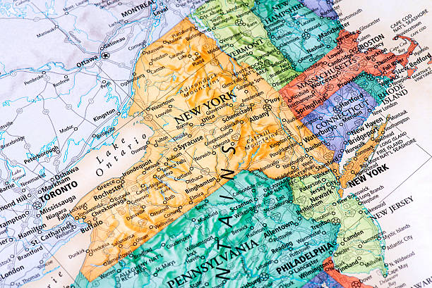 Map of New York, New Jersey, Massachusetts, Connecticut States Map of New York, New Jersey, Massachusetts with Connecticut States in USA. Detail from the World Map. philadelphia pennsylvania photos stock pictures, royalty-free photos & images