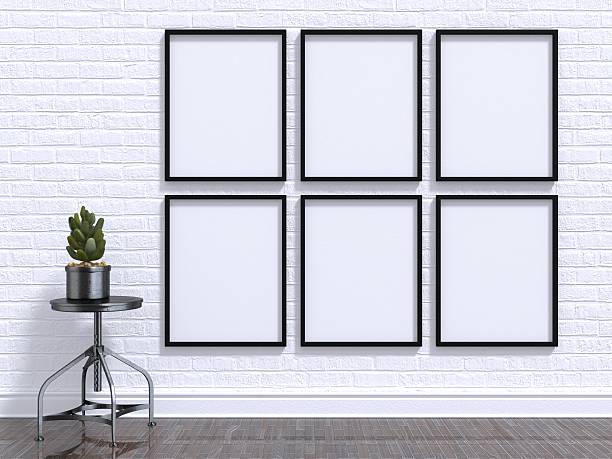 Mock up photo frame with plant, stool, floor and wall
