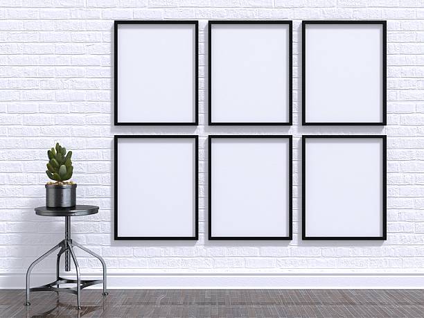 Mock up photo frame with plant, stool, floor and wall Mock up photo frame with plant, stool, floor and wall. 3D render illustration number 6 photos stock pictures, royalty-free photos & images